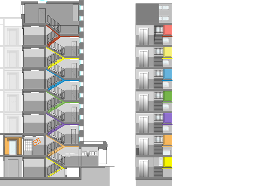 n|vier, renovation Berlin-Lichtenberg, colour design, staircase, section